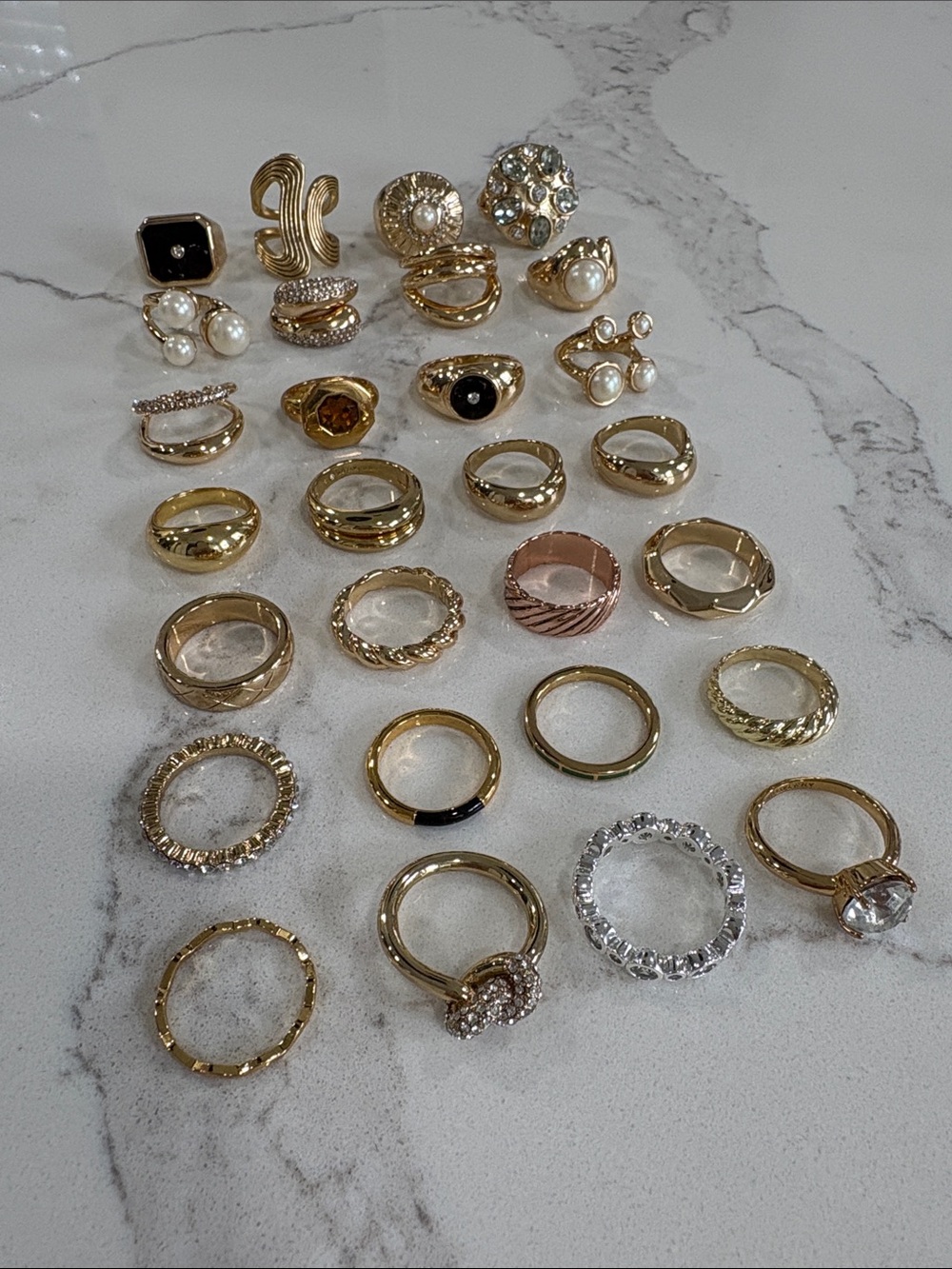 Assortment of Gold Tone Stackable Fashion Rings - Rhinestone & Pearl Lot of 28